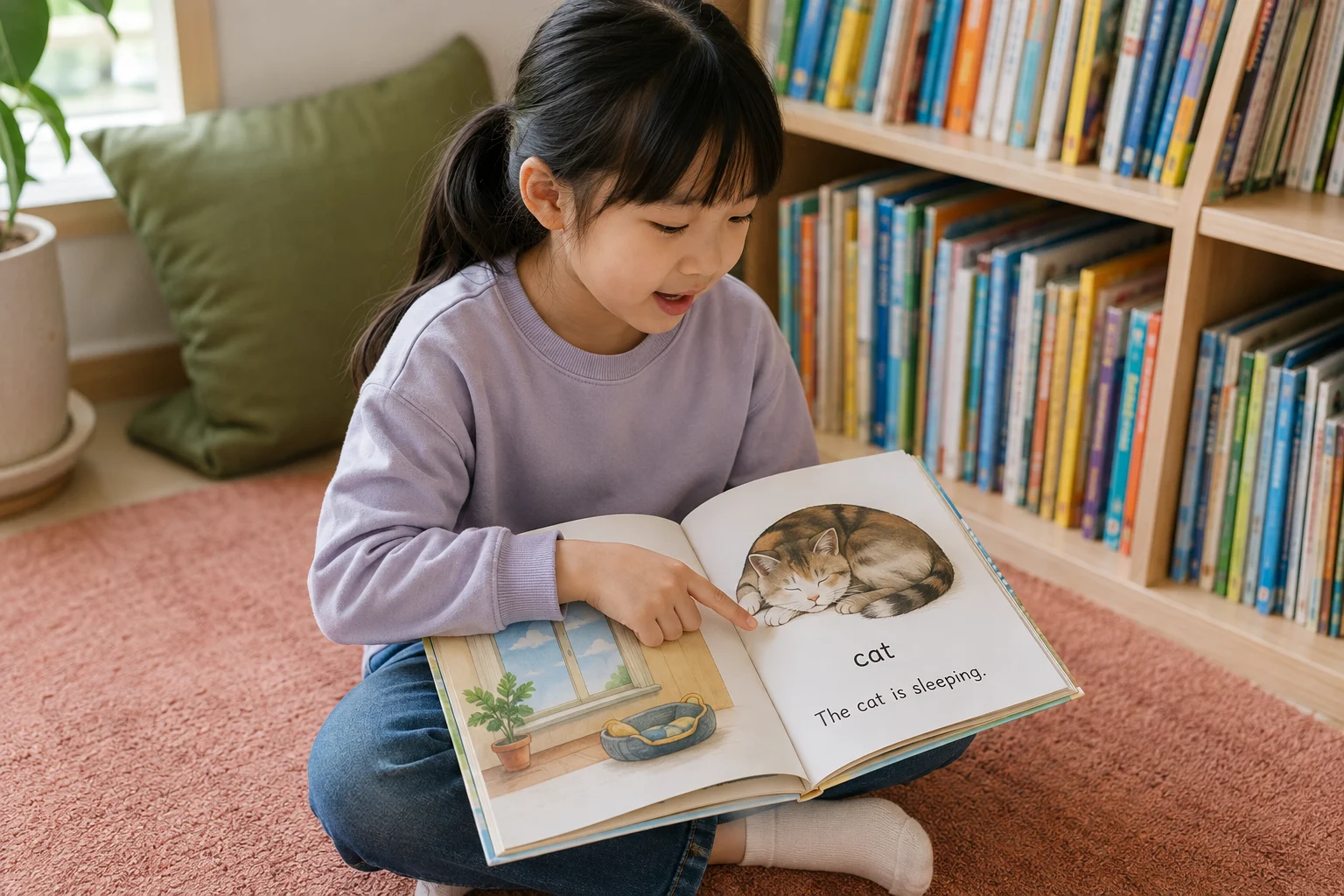 책장 옆에 앉아 고양이 그림과 영어 문장을 읽는 아이